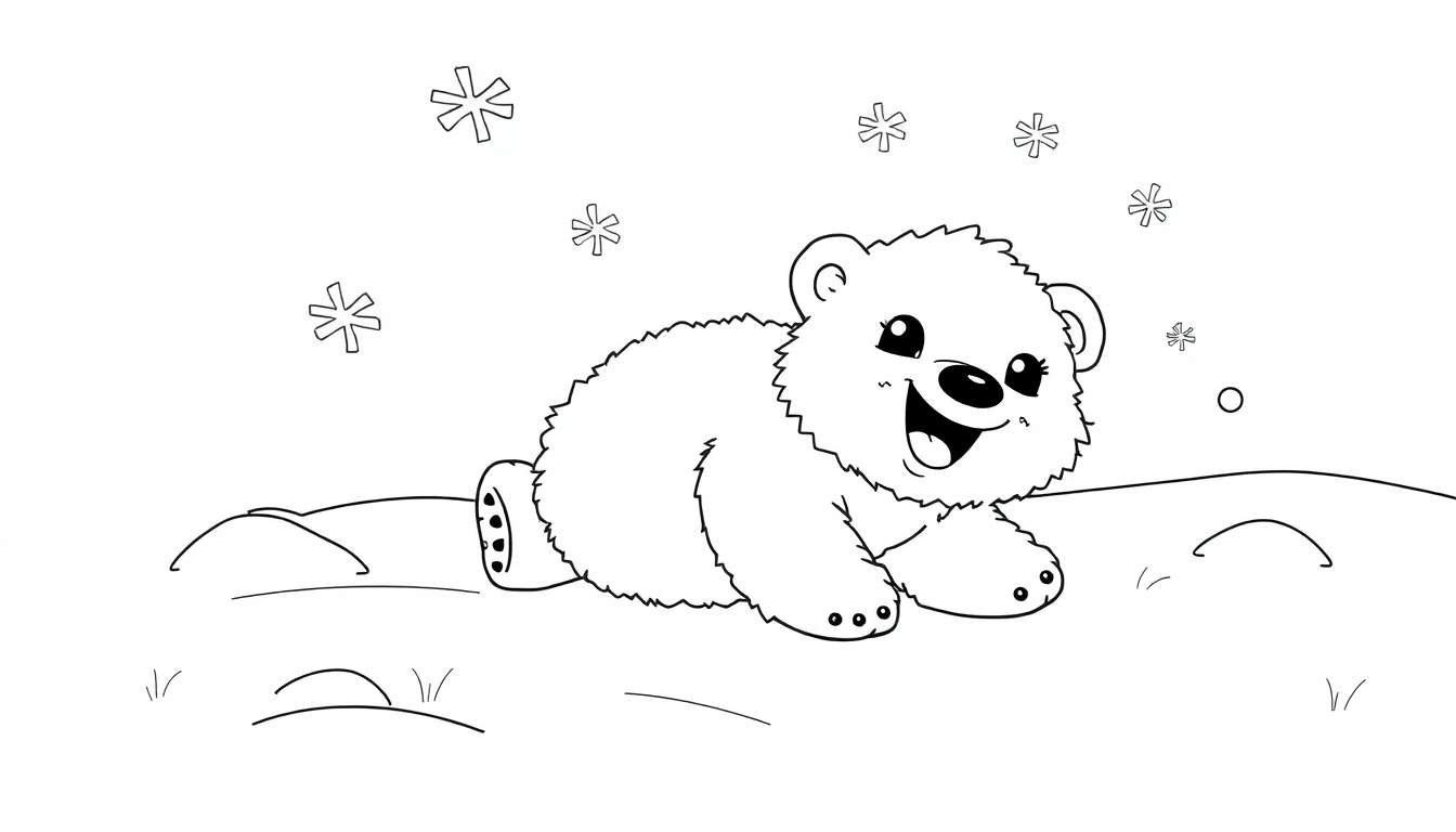 A cute polar bear cub playing in the snow, outlined for a black and white coloring page with snowflakes, a color panel effect.