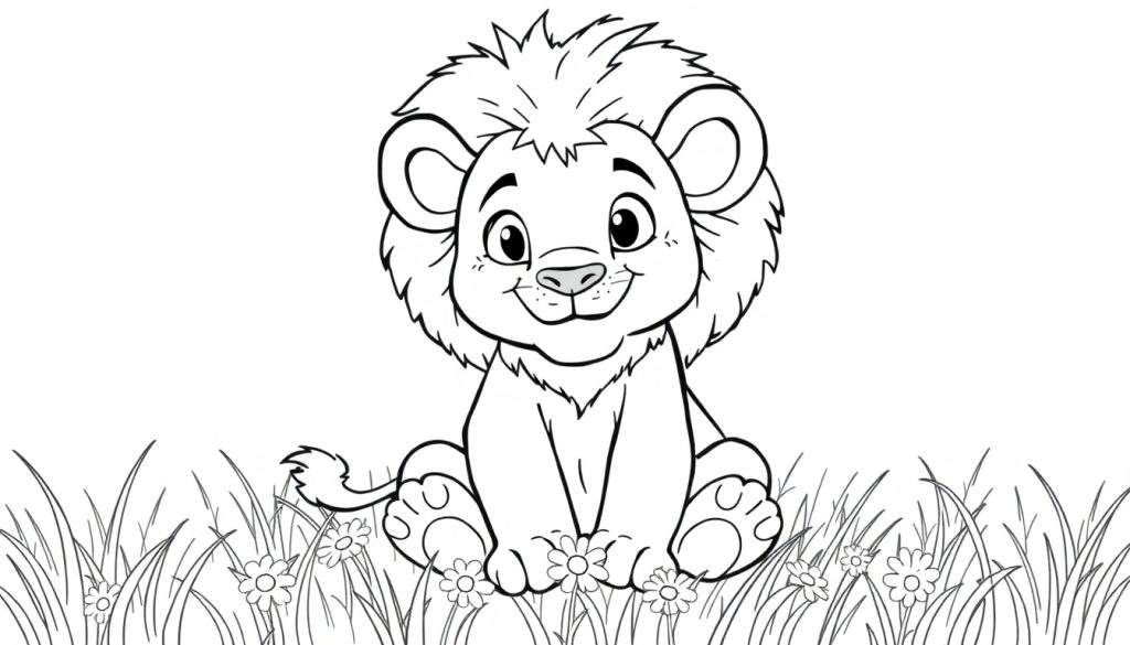 A cute lion cub in a coloring panel, ready for colors!
