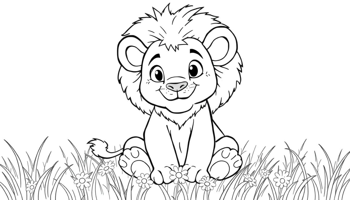 A cute lion cub in a coloring panel, ready for colors!