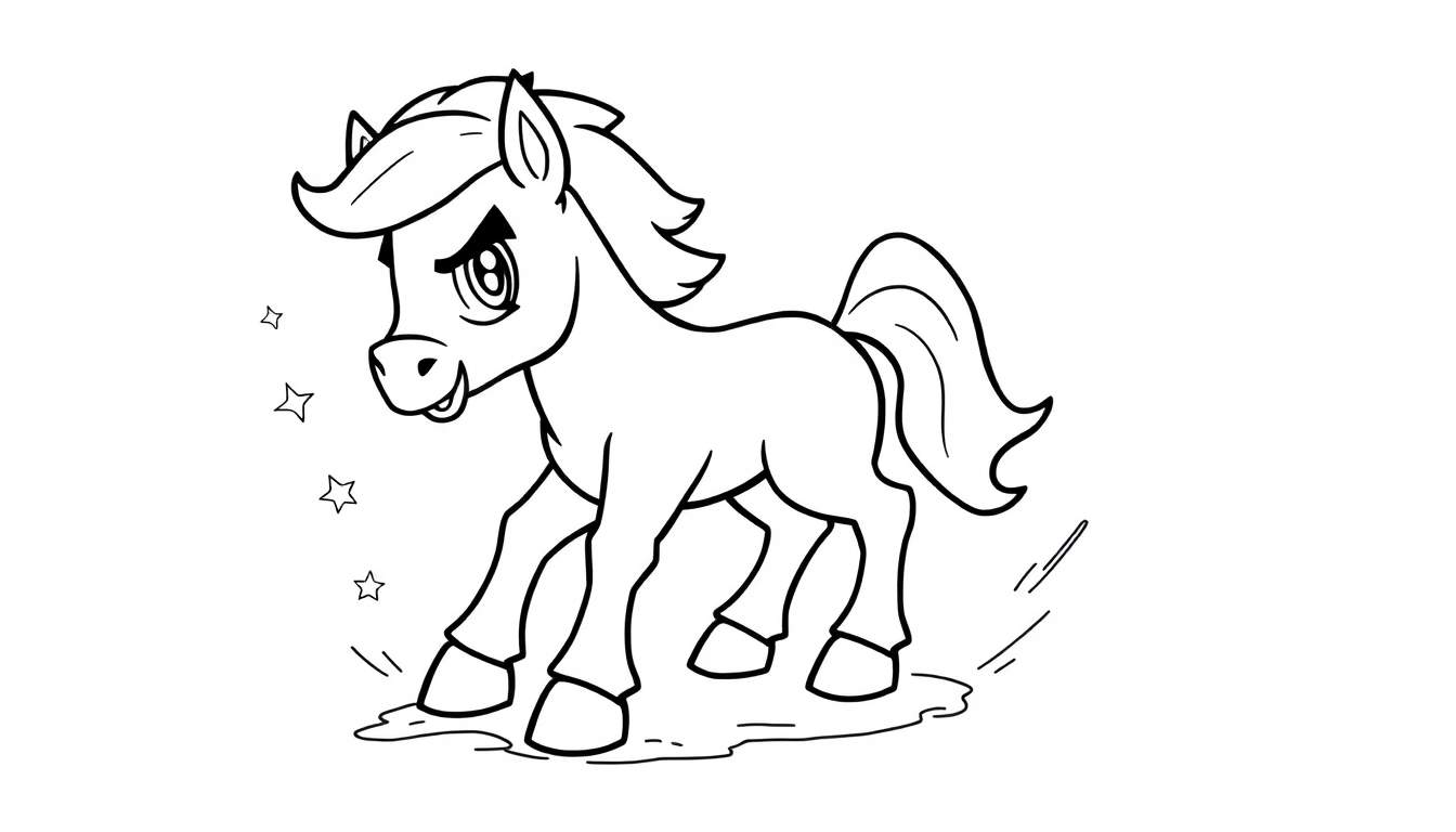 Black and white coloring panel of an angry colt ready to charge.