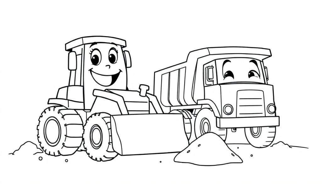 A black and white coloring panel showing a happy bulldozer and dump truck.