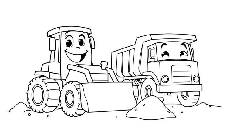 A black and white coloring panel showing a happy bulldozer and dump truck.