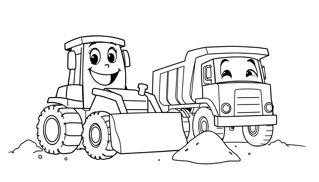 A black and white coloring panel showing a happy bulldozer and dump truck.