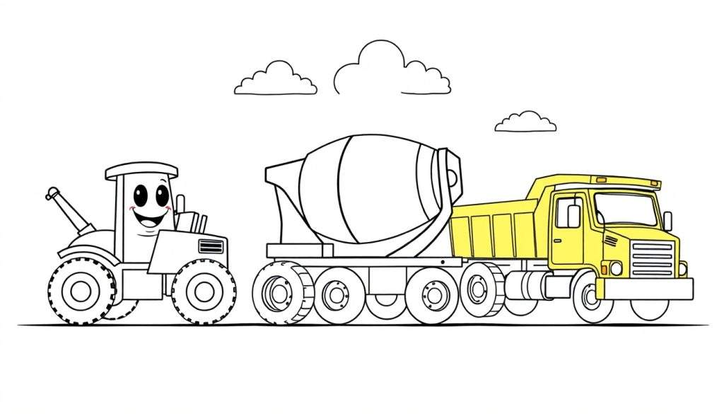 A friendly cartoon tractor and cement mixer on a color panel.