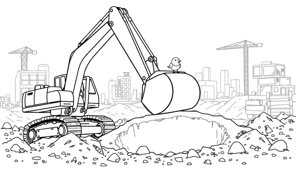A black and white illustration of a construction site with a large excavator and a small bird, suitable for a color panel.