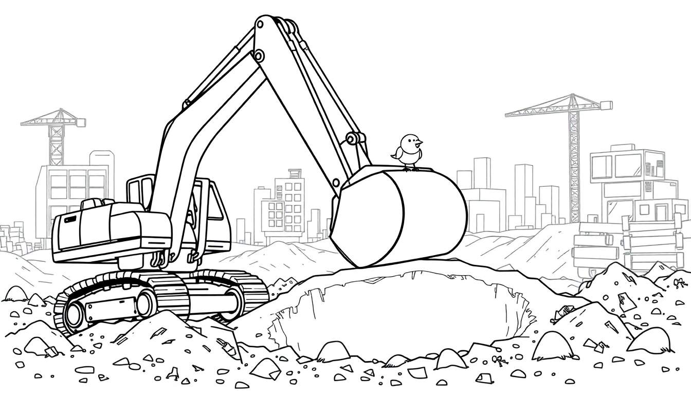 A black and white illustration of a construction site with a large excavator and a small bird, suitable for a color panel.