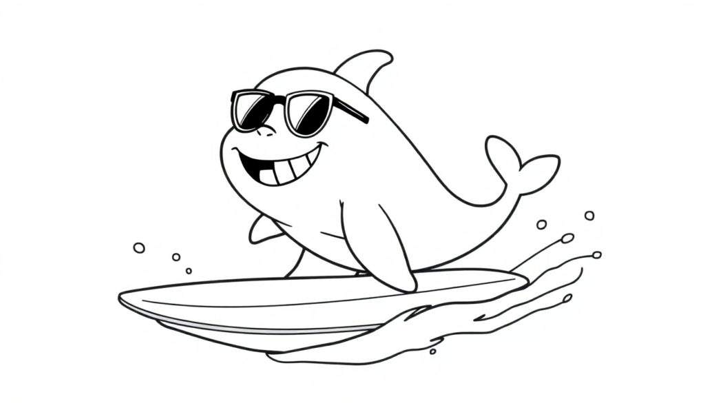 A black and white cartoon dolphin wearing sunglasses and riding a surfboard. This color panel is fun!