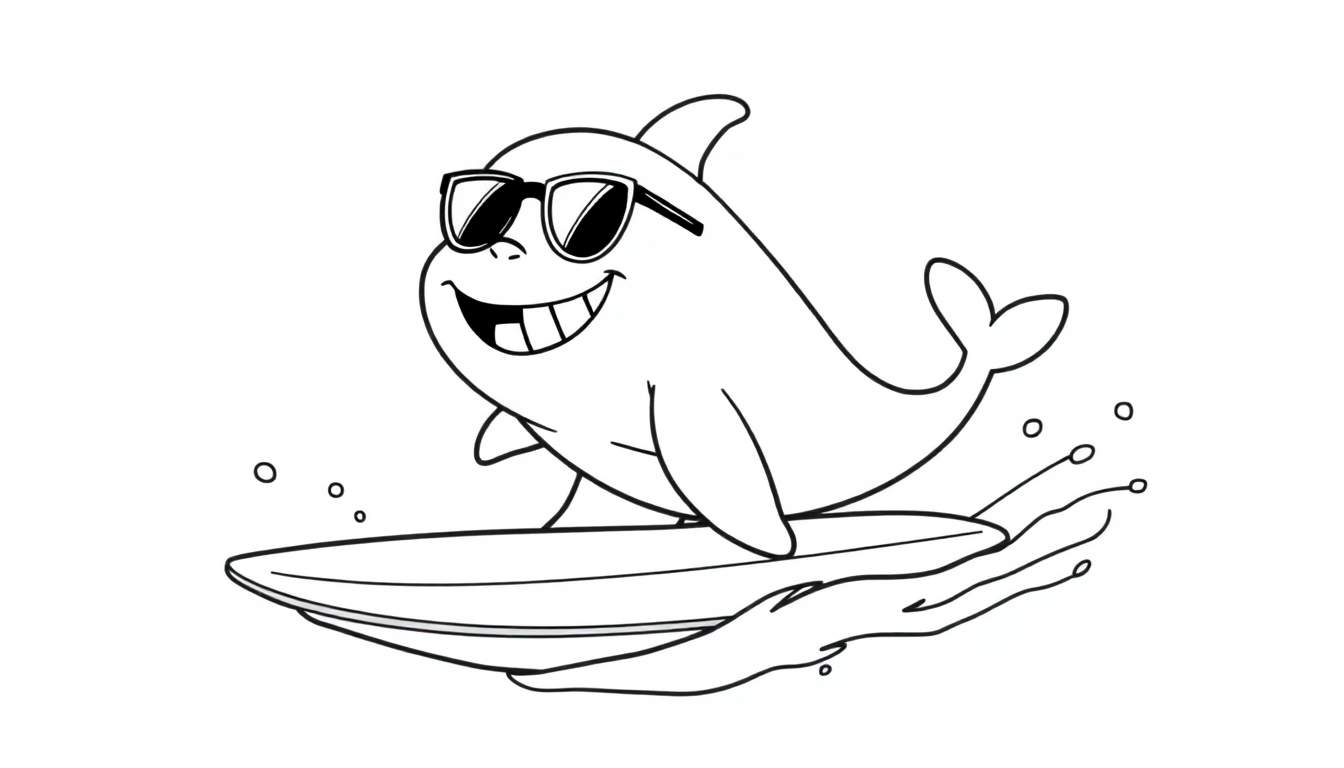 A black and white cartoon dolphin wearing sunglasses and riding a surfboard. This color panel is fun!