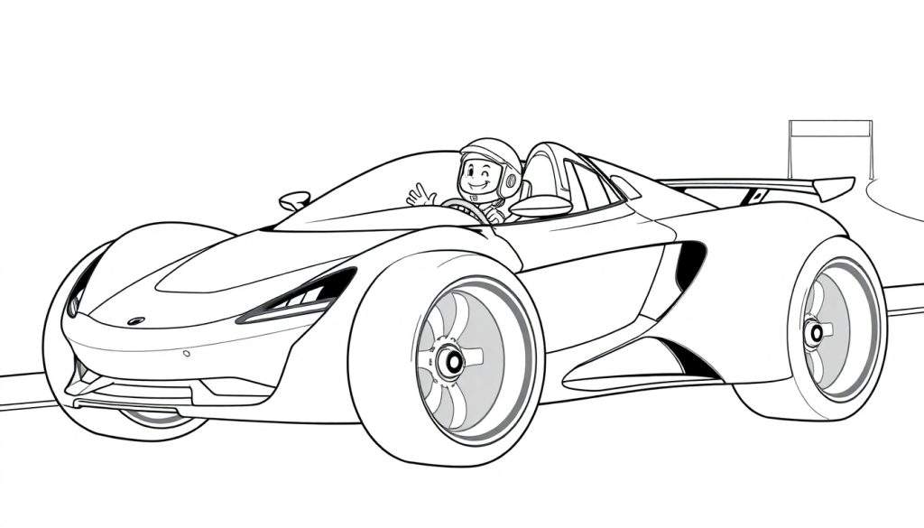 A cool McLaren race car coloring panel with a friendly driver waving, in black and white.