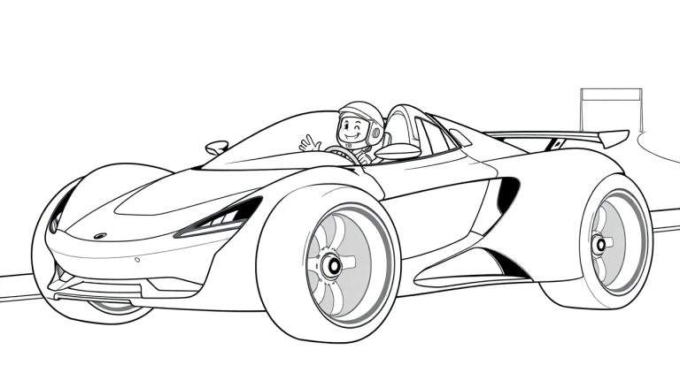 A cool McLaren race car coloring panel with a friendly driver waving, in black and white.