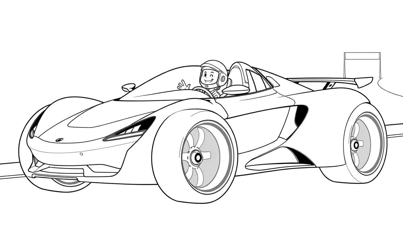 A cool McLaren race car coloring panel with a friendly driver waving, in black and white.