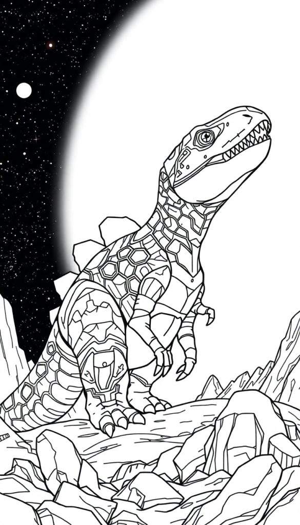 A massive, futuristic dinosaur with glowing blue eyes and metallic plating, standing on a rocky, alien planet under a starry sky.