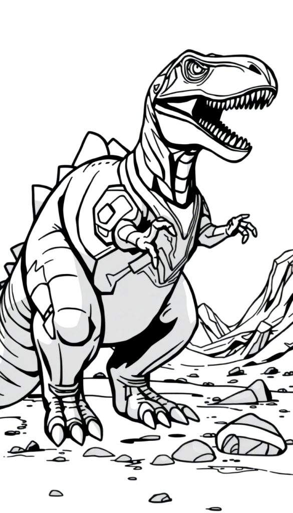 A colossal dinosaur with glowing blue eyes and metallic scales stands on a vibrant, alien planet under a swirling nebula.