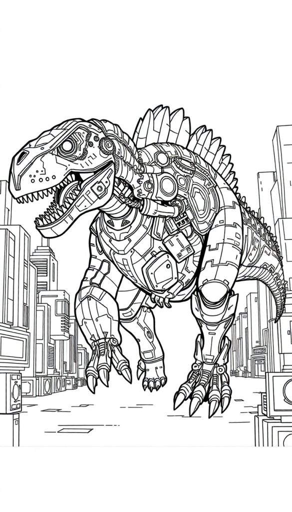 A colossal, robotic dinosaur with glowing blue eyes and metallic plating stands against a vibrant, alien cityscape under a purple sky.