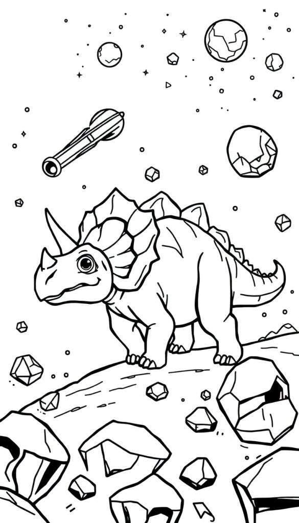A Triceratops wearing a space helmet, floating in space with stars and a nebula in the background.