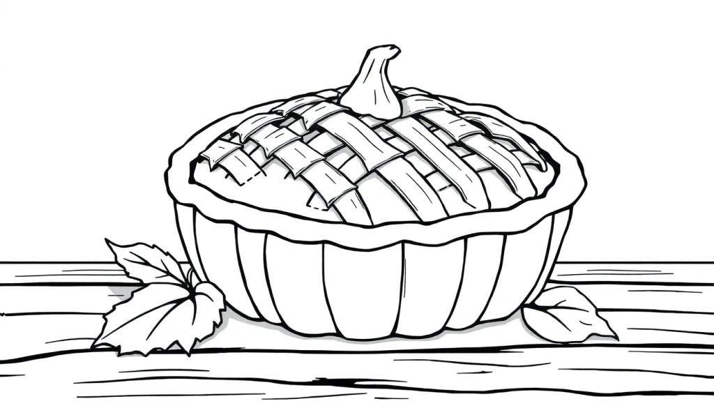 A cute black and white illustration of a pumpkin pie with a lattice crust and a stem, perfect for a color panel.
