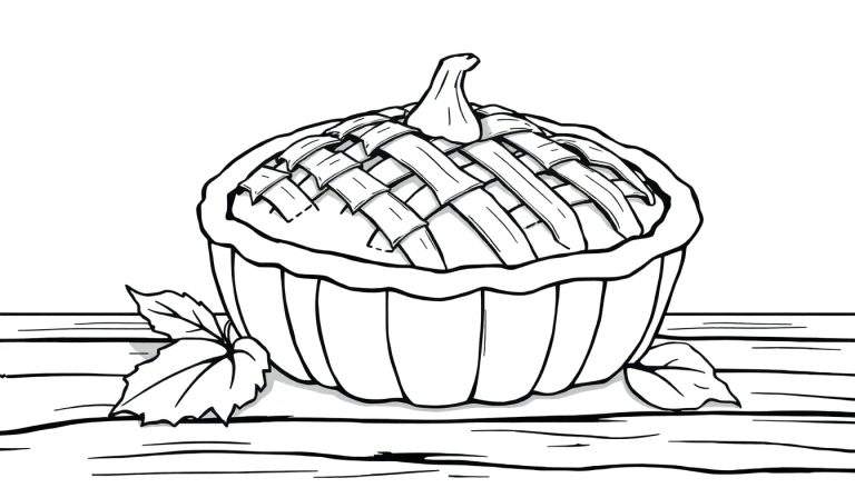 A cute black and white illustration of a pumpkin pie with a lattice crust and a stem, perfect for a color panel.