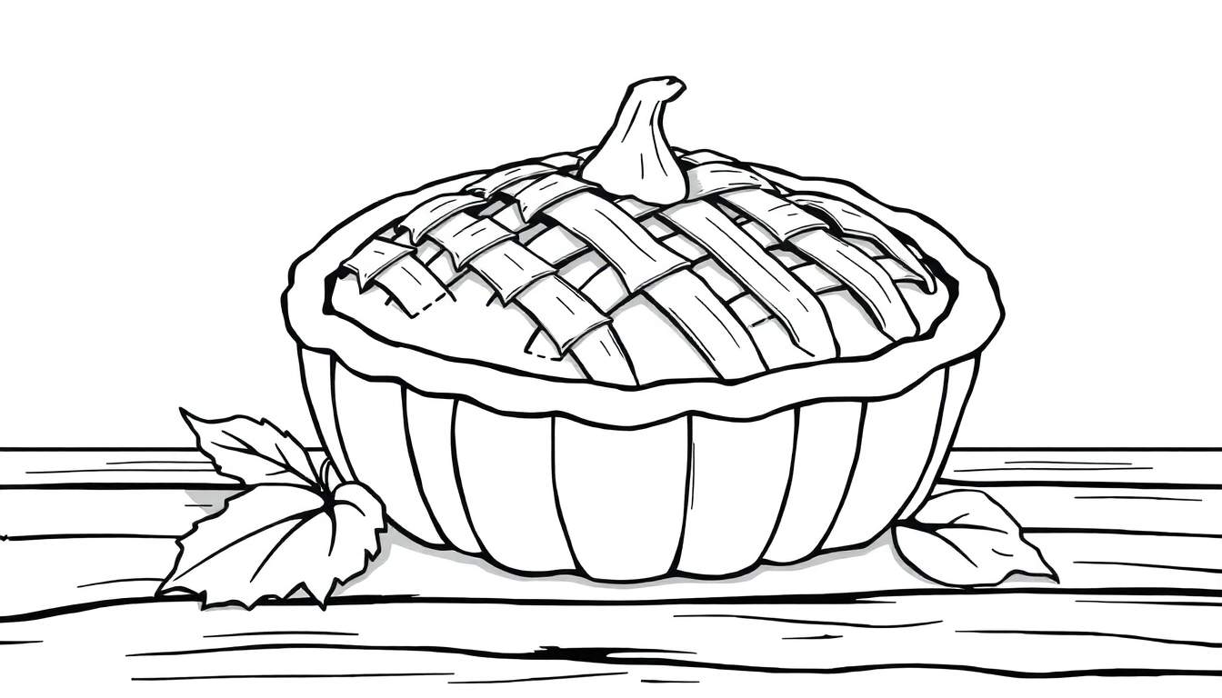 A cute black and white illustration of a pumpkin pie with a lattice crust and a stem, perfect for a color panel.