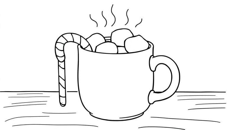 A black and white drawing for a color panel of a steaming mug of hot cocoa with marshmallows and a candy cane.