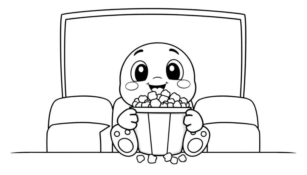 A cute cartoon character sitting in a chair, holding popcorn, with a large screen behind them, as a black and white color panel.