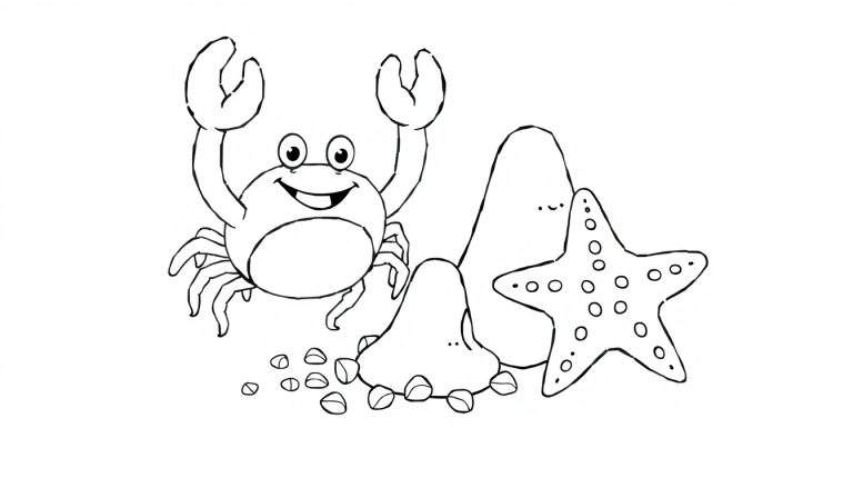 A happy crab with claws up on a pebble-filled beach, next to two shells and a starfish, in a black and white color panel.