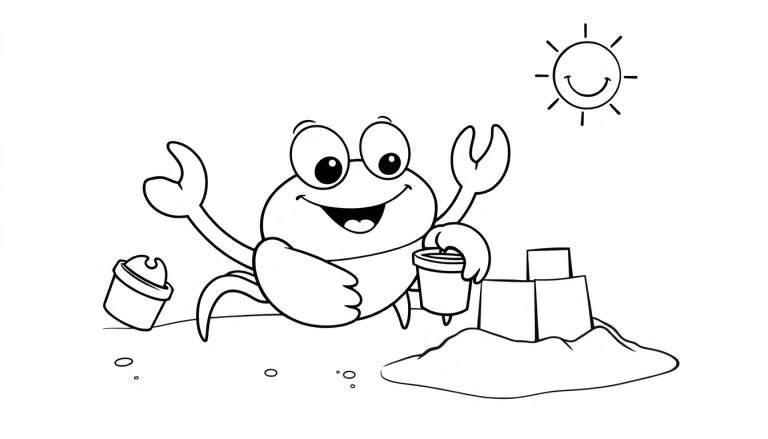 A happy cartoon crab is building a sandcastle on the beach in this black and white color panel.