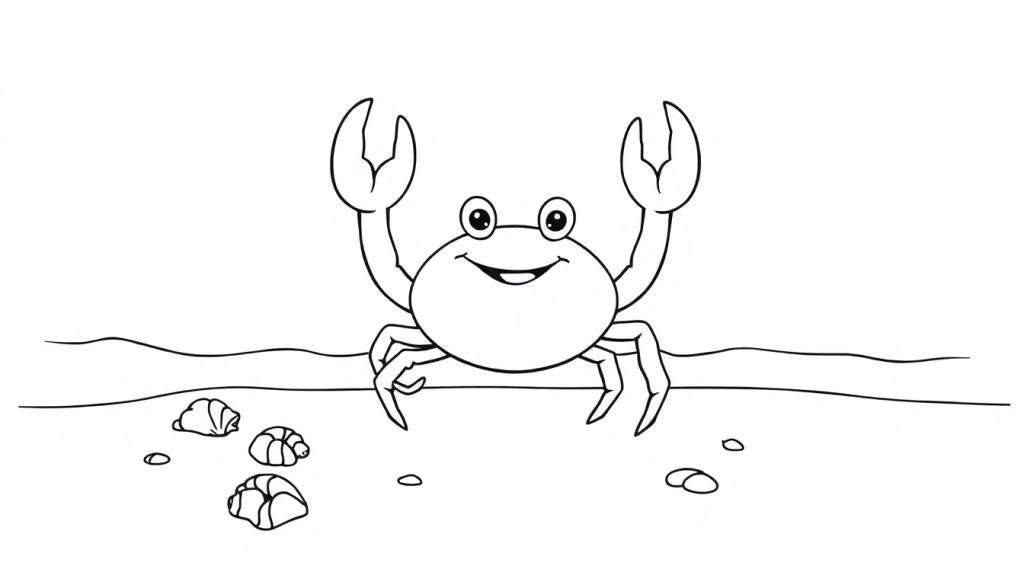 Friendly crab waving hello on a sunny beach with simple seashells and waves for a black and white coloring panel.
