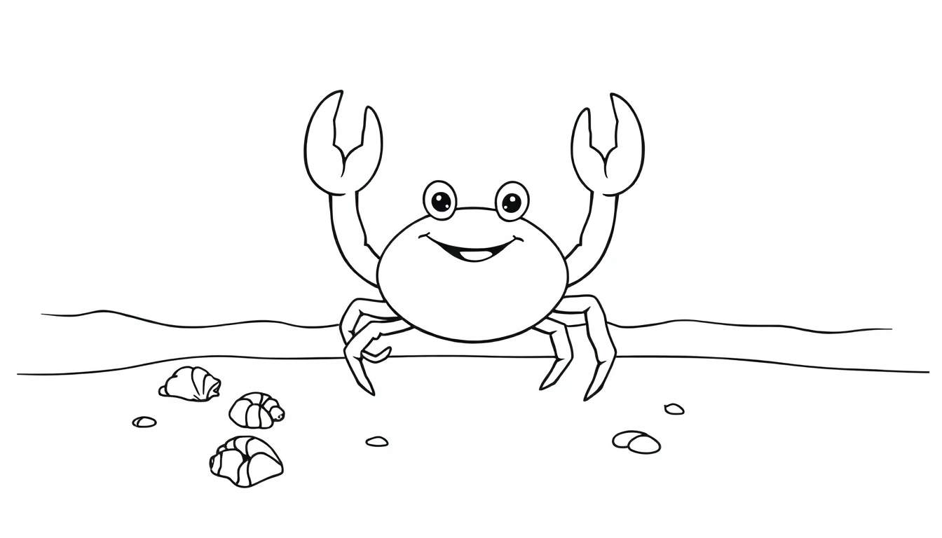 Friendly crab waving hello on a sunny beach with simple seashells and waves for a black and white coloring panel.