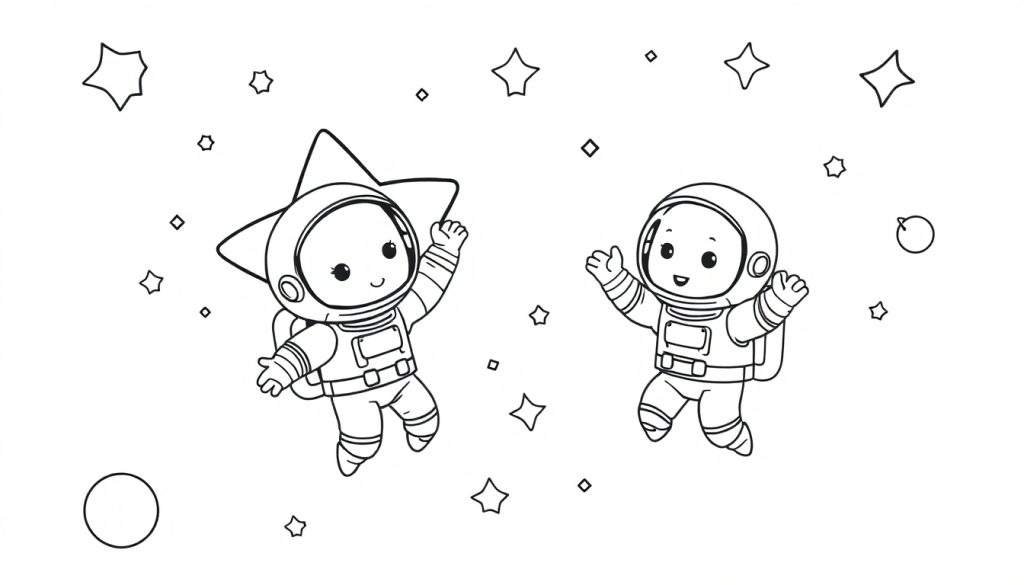 Two cute astronauts, one with a star helmet, floating in a black and white space color panel with stars and planets.