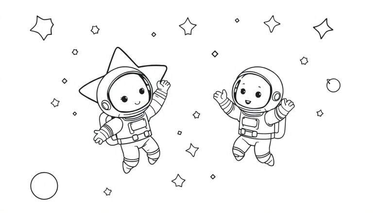 Two cute astronauts, one with a star helmet, floating in a black and white space color panel with stars and planets.