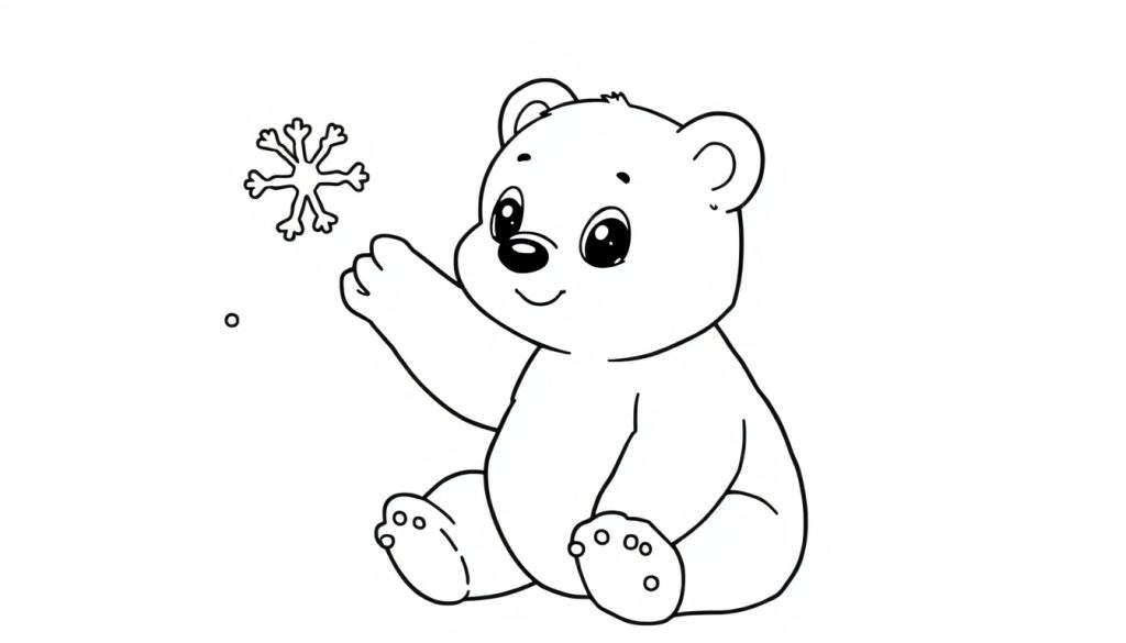 A black and white cartoon of a cute bear cub reaching for a snowflake, perfect for a color panel.