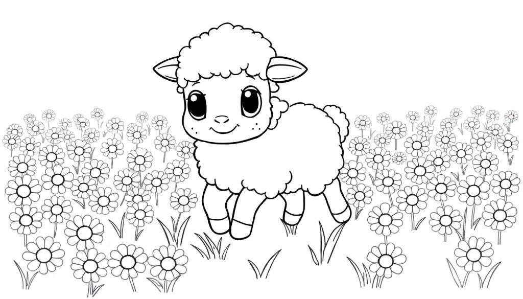 A black and white illustration of a cute lamb in a field of daisies, ready for coloring. This color panel is perfect for little artists.