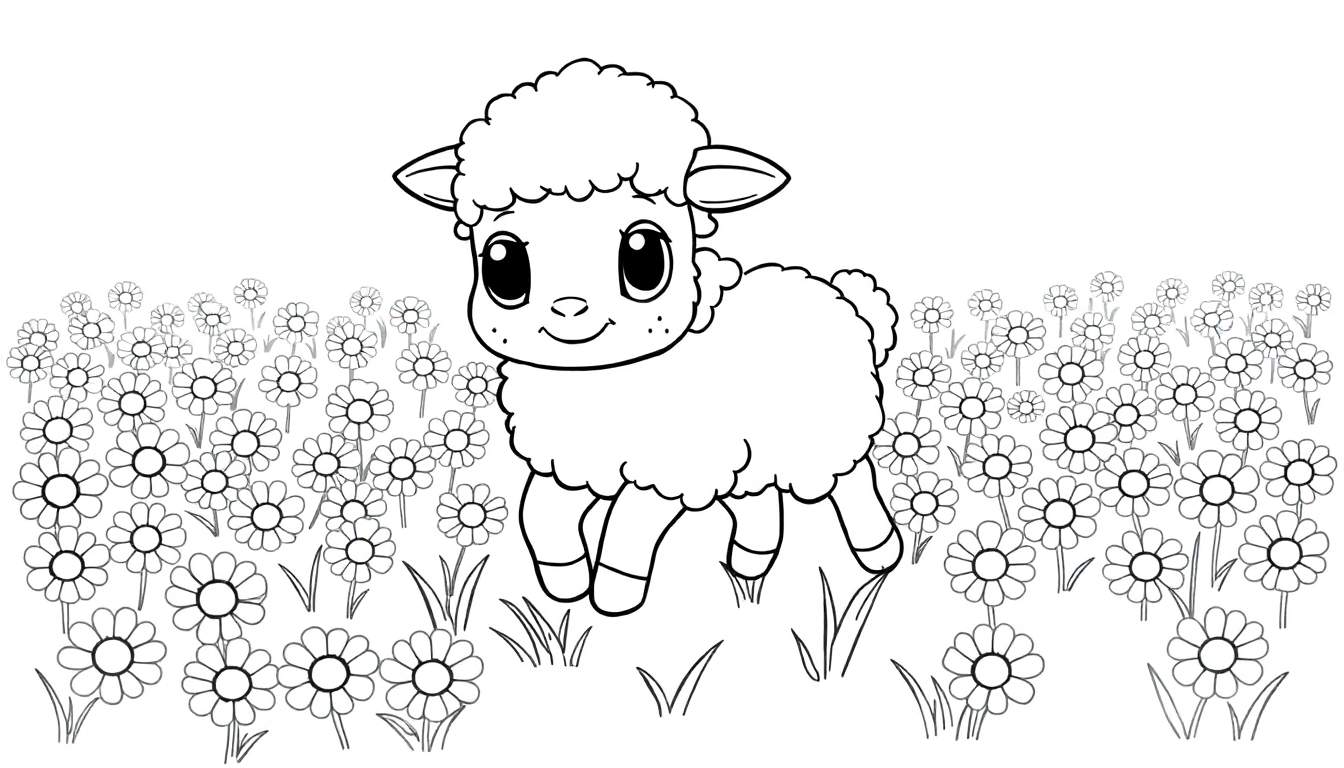 A black and white illustration of a cute lamb in a field of daisies, ready for coloring. This color panel is perfect for little artists.