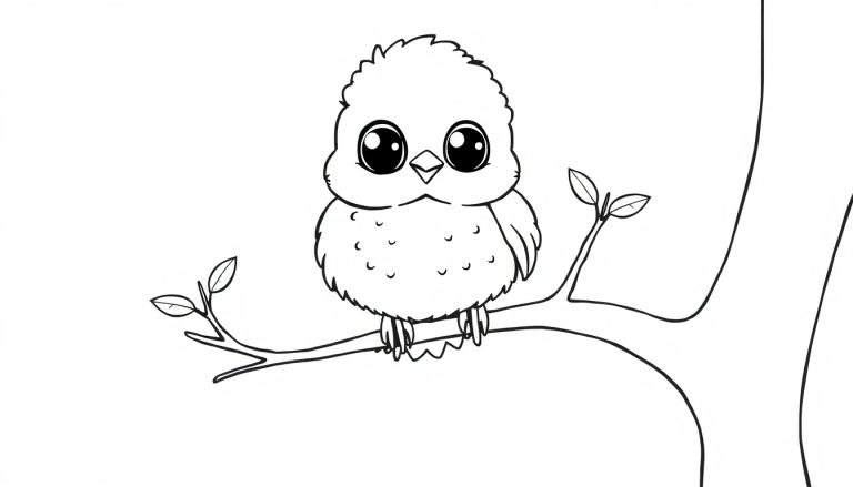 A cute cartoon owl in a black and white color panel, ready to be colored.
