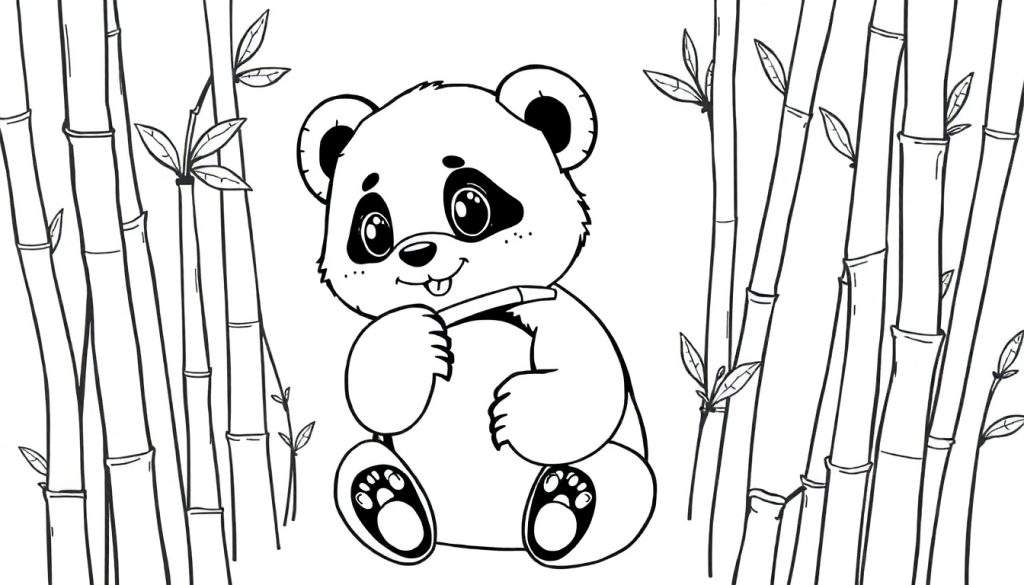 A black and white coloring page of a baby panda happily munching bamboo in a forest.