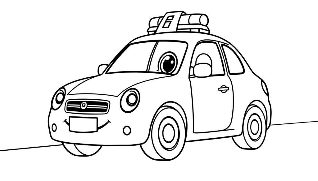 A cute, friendly police car coloring panel with bold black and white outlines and a happy siren.