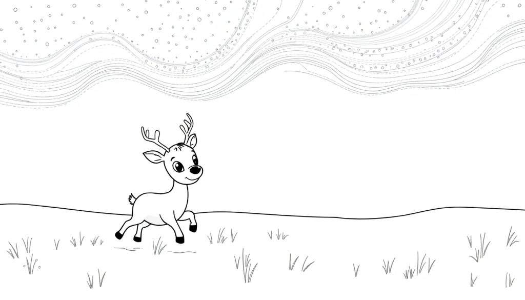 A cute reindeer on a color panel running through a snowy scene with starry sky.