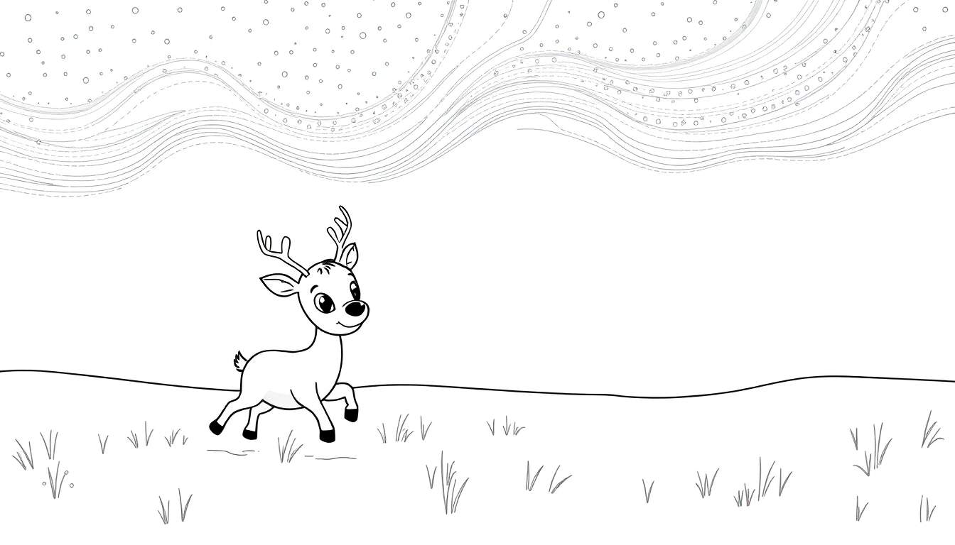 A cute reindeer on a color panel running through a snowy scene with starry sky.