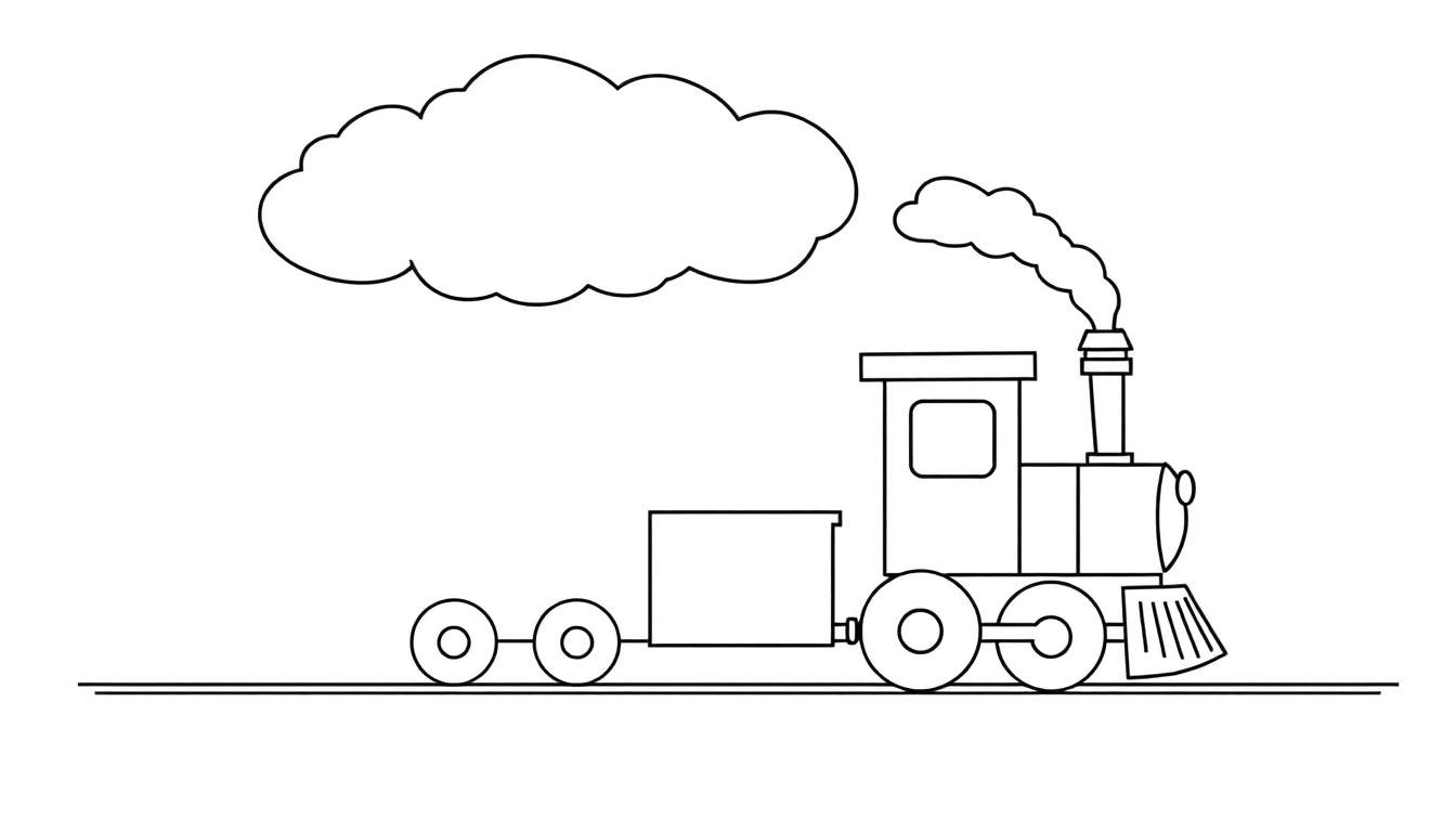 A black and white color panel drawing of a cute steam train with a fluffy cloud above it.