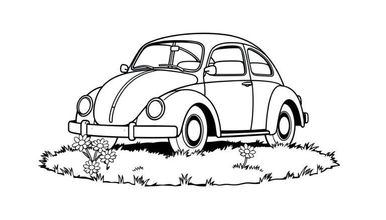 A black and white color panel drawing of a Volkswagen Beetle on grass with daisies, ready for coloring.
