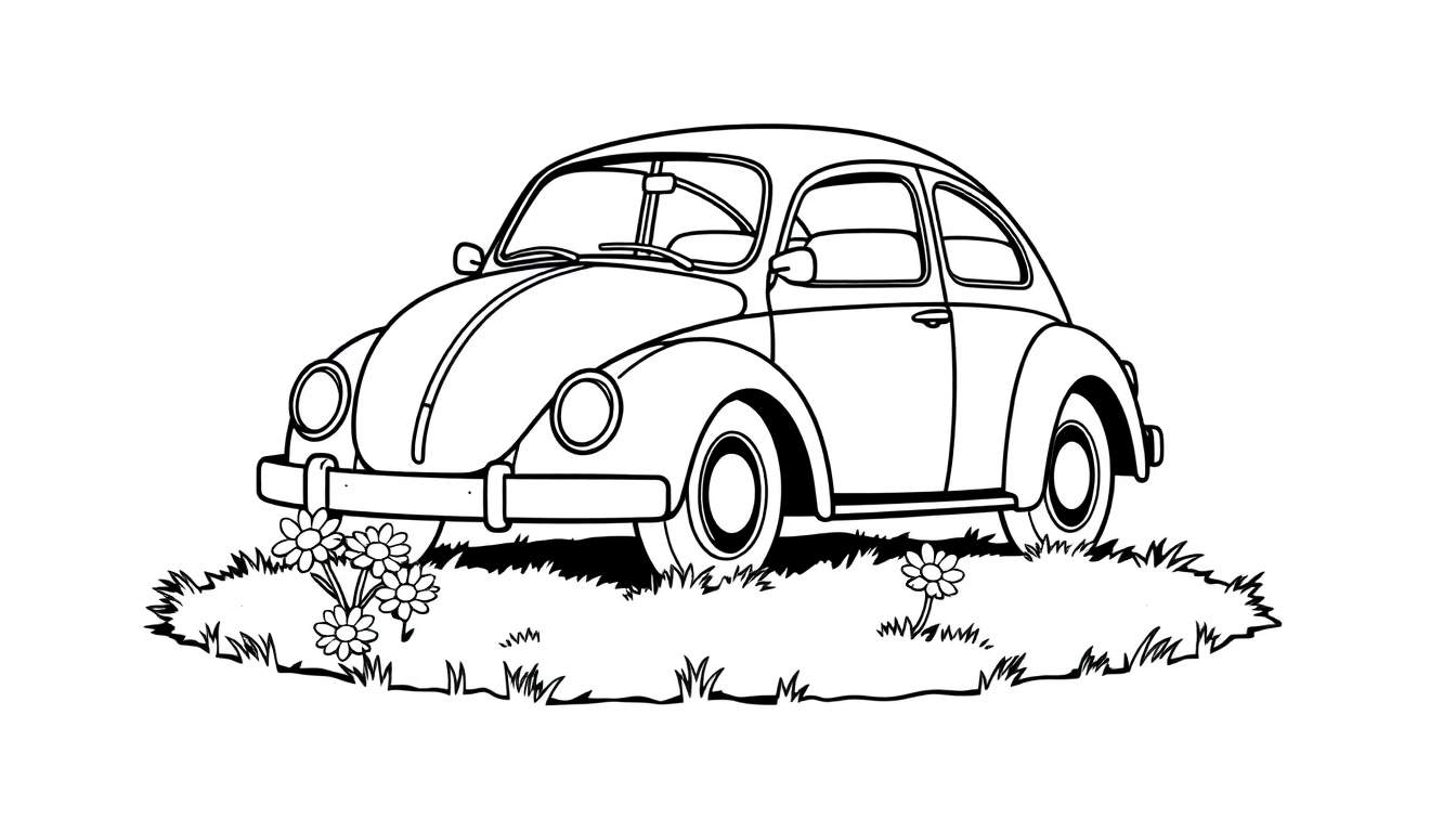 A black and white color panel drawing of a Volkswagen Beetle on grass with daisies, ready for coloring.