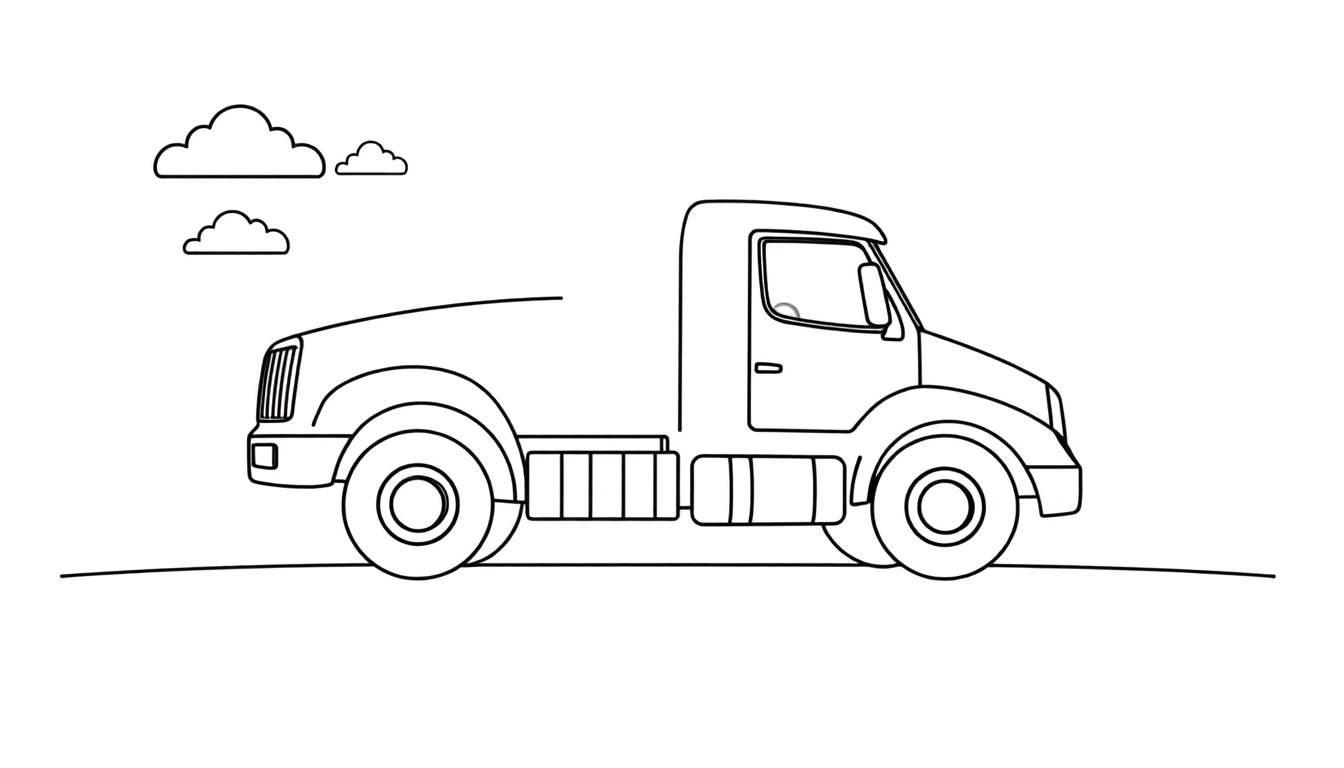 A black and white line drawing of a cute Volvo truck with big happy wheels, ready for an adventure, on a color panel.