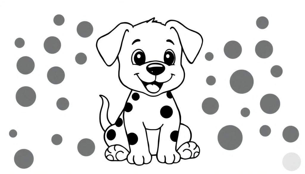 A black and white cartoon of a cute Dalmatian puppy sitting in a color panel of grey circles. This color panel is ready for imagination!