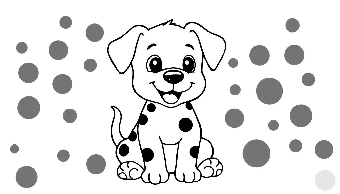 A black and white cartoon of a cute Dalmatian puppy sitting in a color panel of grey circles. This color panel is ready for imagination!