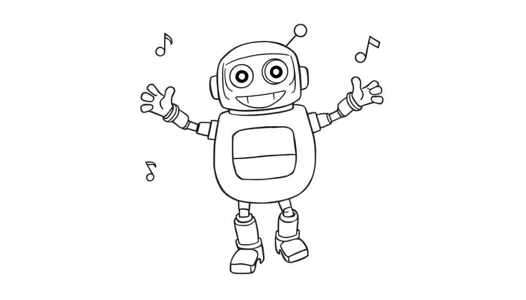 A happy cartoon robot dancing with musical notes, ready for a color panel.