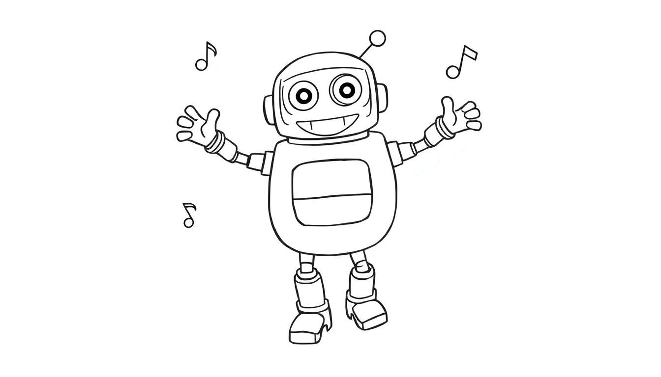 A happy cartoon robot dancing with musical notes, ready for a color panel.