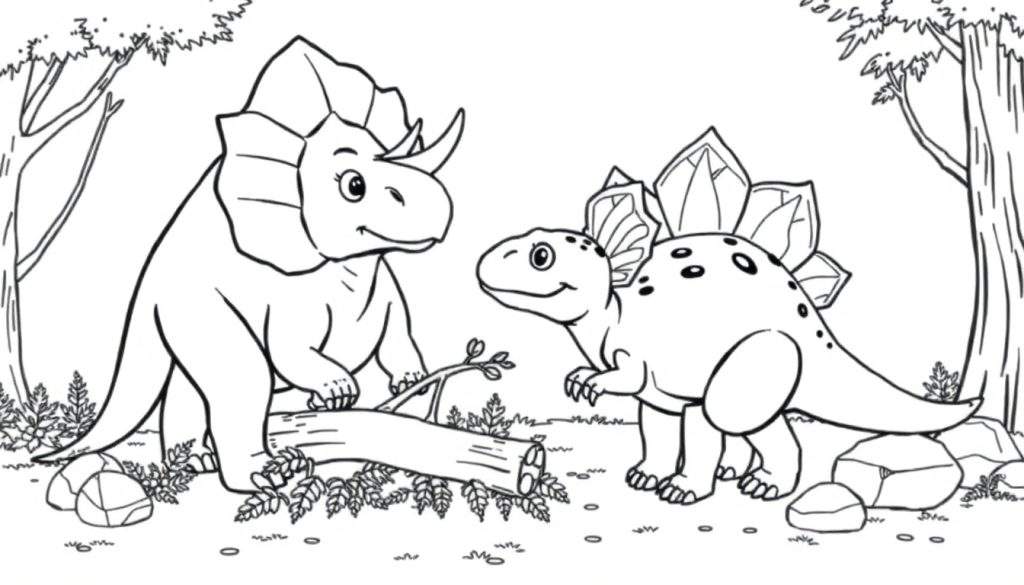 A black and white cartoon illustration of a friendly Triceratops and a Stegosaurus enjoying a prehistoric forest scene, perfect for a color panel.