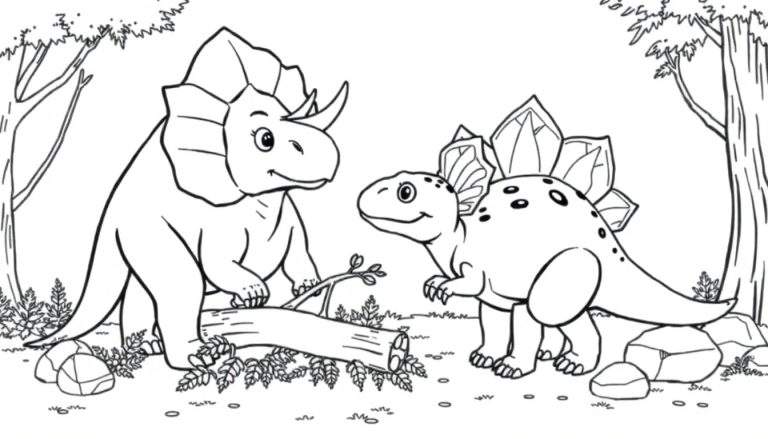 A black and white cartoon illustration of a friendly Triceratops and a Stegosaurus enjoying a prehistoric forest scene, perfect for a color panel.