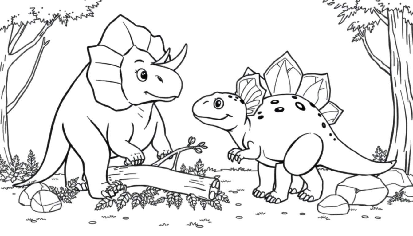 A black and white cartoon illustration of a friendly Triceratops and a Stegosaurus enjoying a prehistoric forest scene, perfect for a color panel.