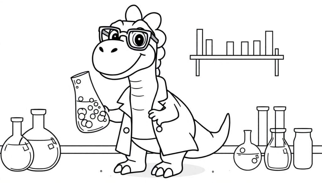 A friendly dinosaur scientist in a lab coat, holding a bubbly beaker, on a black and white coloring panel.